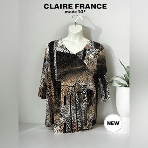 NWOT, Claire France, Plus-Size Animal Print Blouse, 2X, Black, Tan, White
